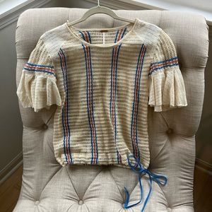 Free People crochet ivory, blue and orange top with bottom draw string